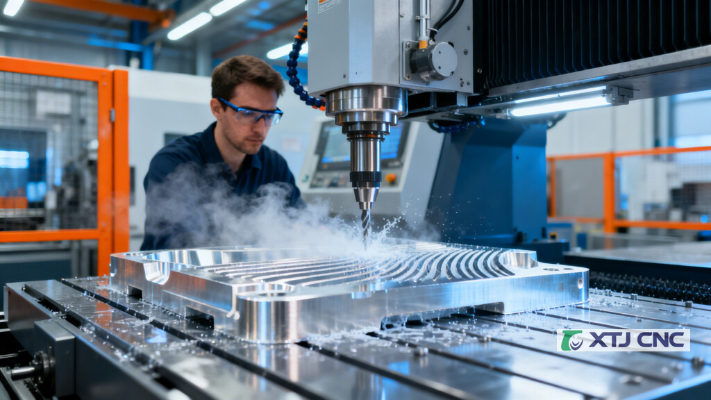 CNC mill cutting an aluminum part with visible tool marks