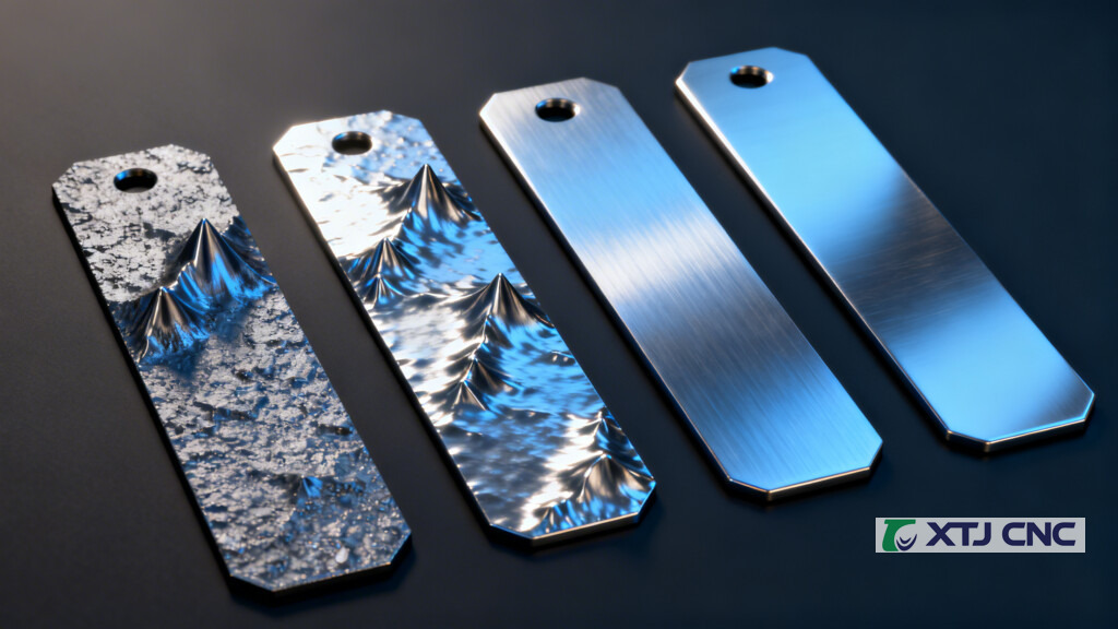 Four metal samples showing rough to mirror surface textures