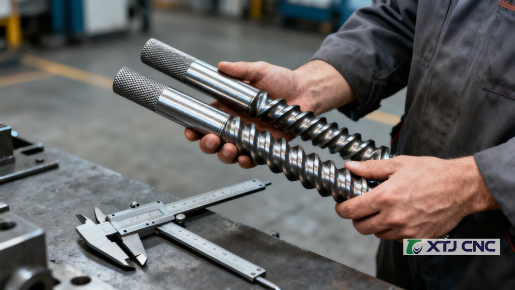 Machinist comparing a turned shaft and a ground shaft