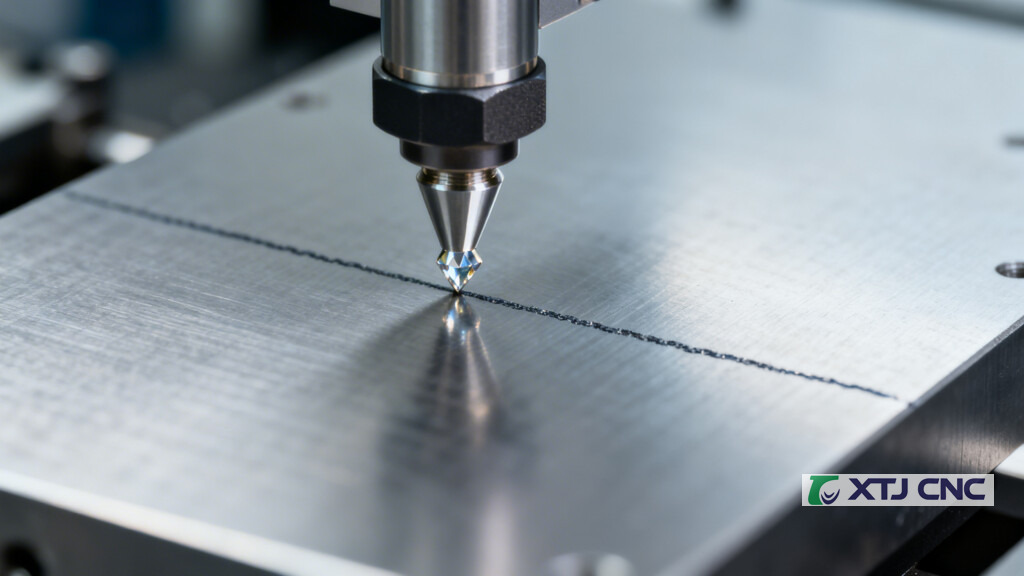 Stylus profilometer tip measuring a ground steel surface